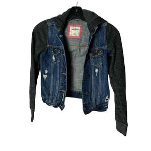 Abercrombie kids M/12, denim jacket. Distressed,multi  media,hood,back to school